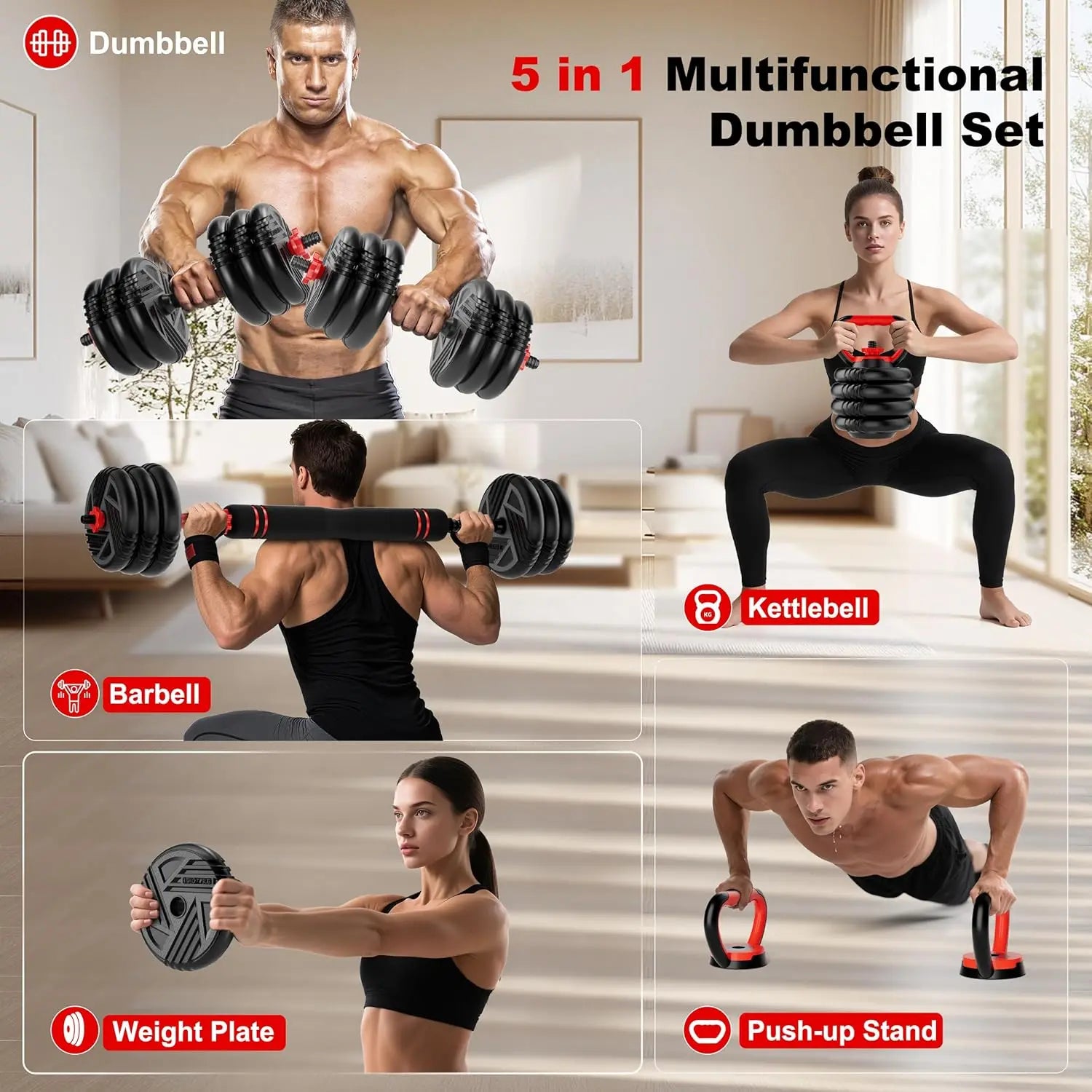 5-in-1 Adjustable Dumbbell Barbell Kettlebell Home Gym Set