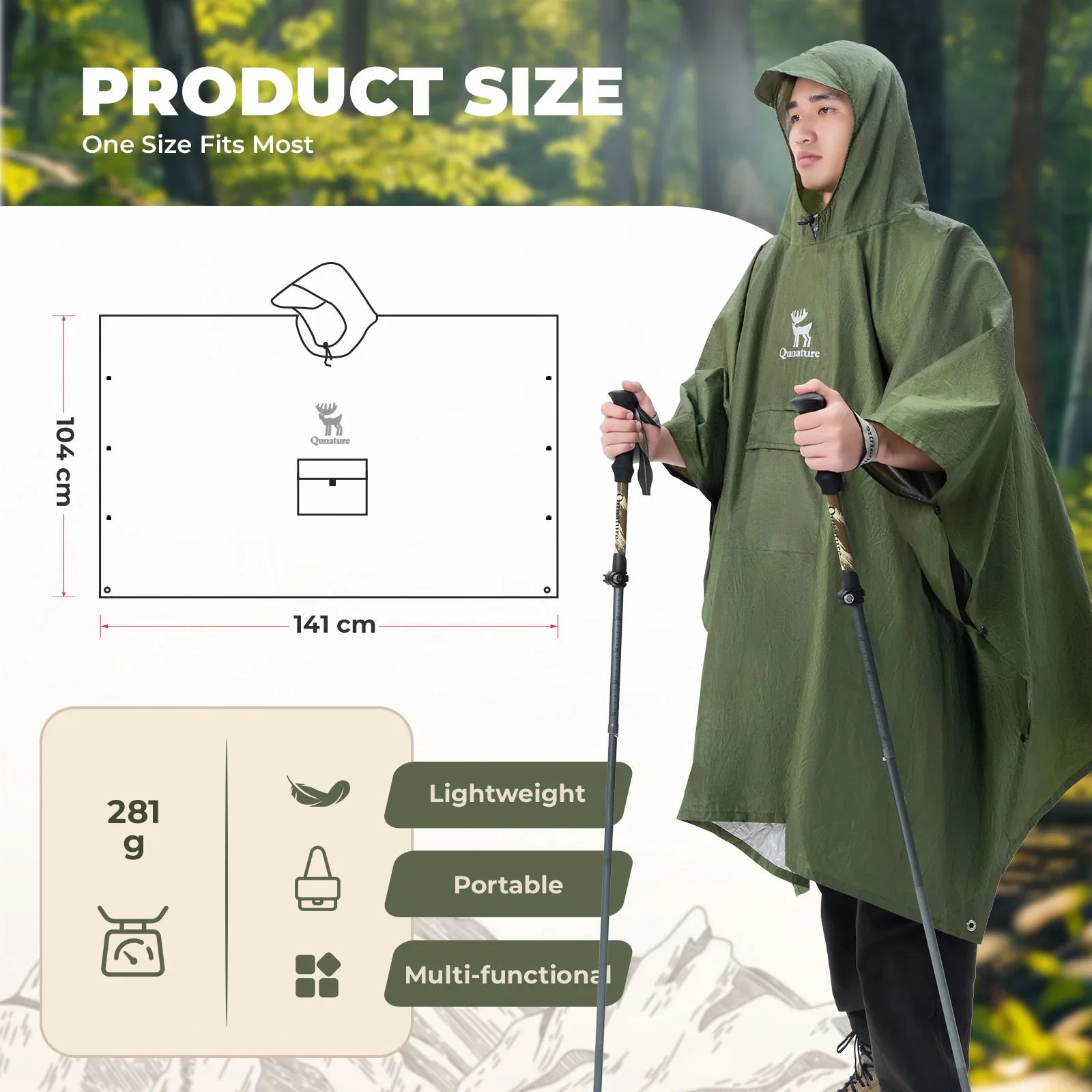 Unisex Waterproof Rain Poncho With Hiking Pocket