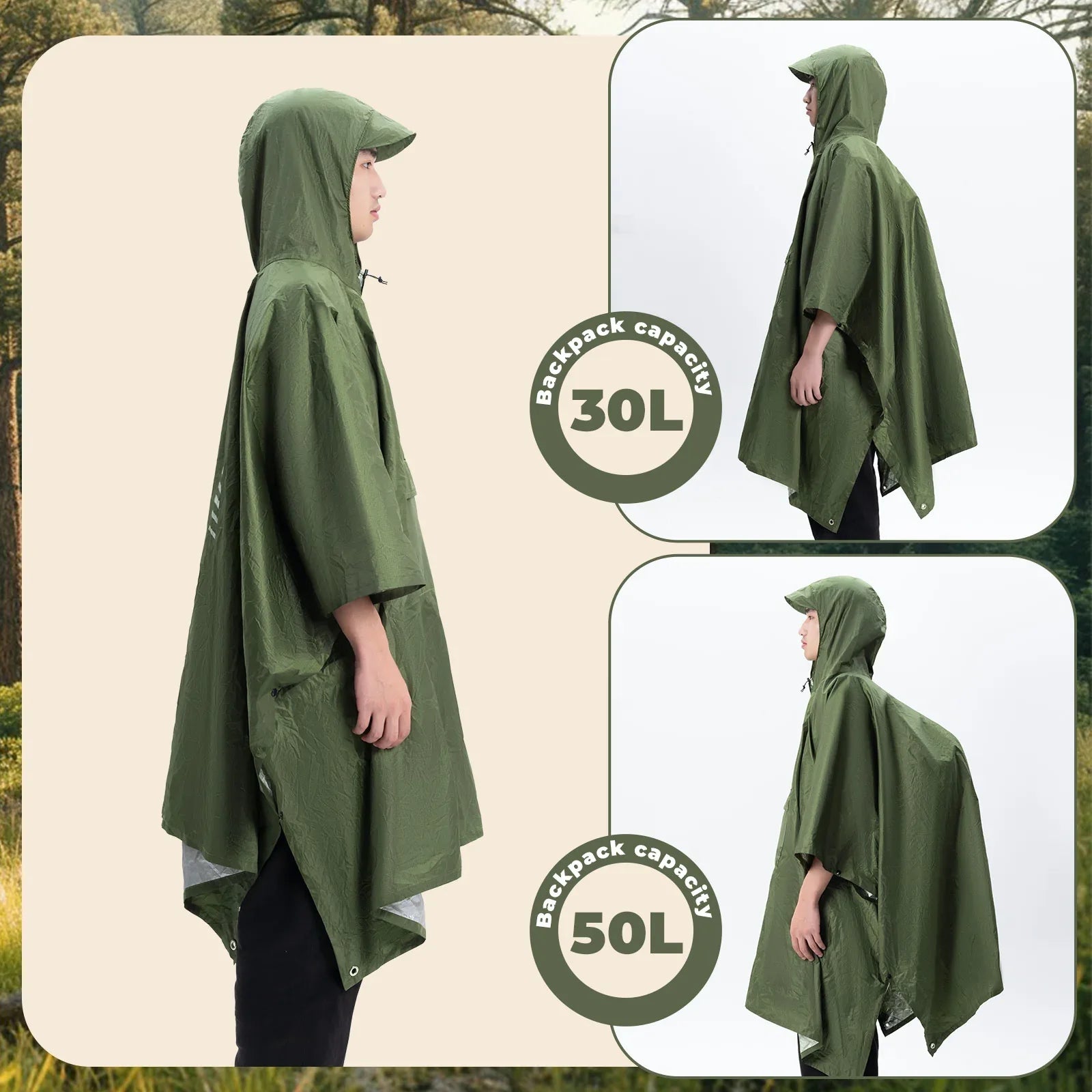 Unisex Waterproof Rain Poncho With Hiking Pocket