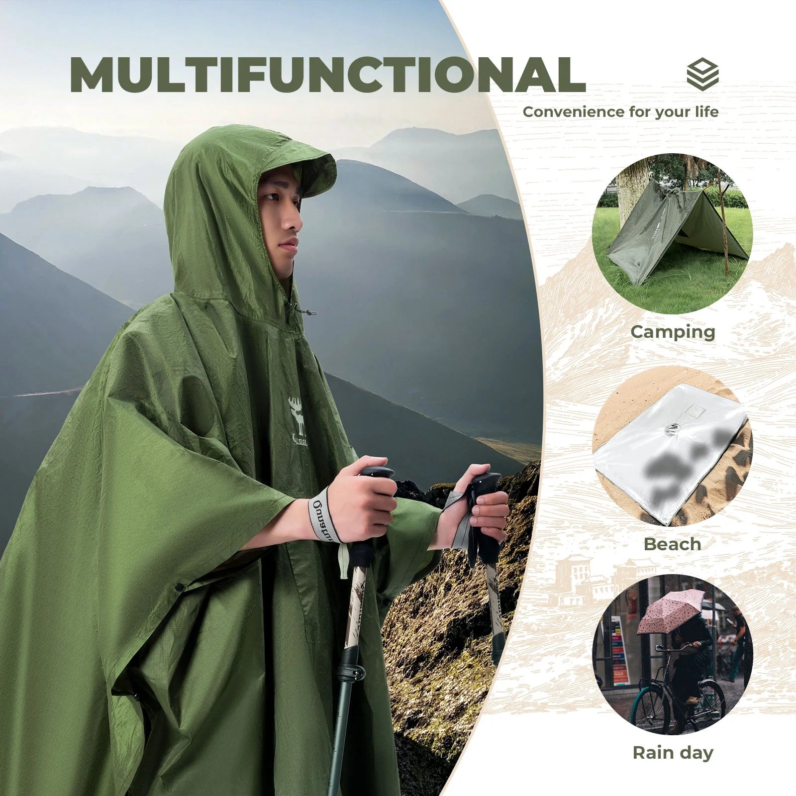 Unisex Waterproof Rain Poncho With Hiking Pocket